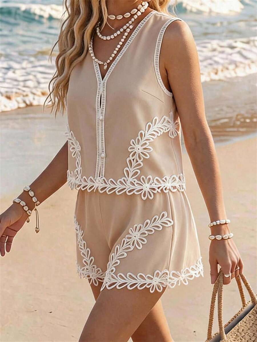Travachic Women's Vacation Outfits Water-Soluble Lace Patchwork Front Button Camisole And Shorts 2 Pieces Set Holiday Country Clothing Beach Beige Summer Boho - Apricot - View 1
