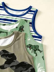 Conjunto de 3 piezas de camisetas sin mangas cómodas con estampado de dibujos animados simple y casual para niños pequeños, adecuado para primavera y verano - Multicolor - Ver 6