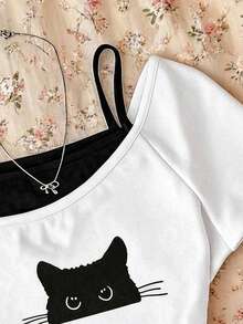 青少年女孩休閒極簡 Y2K 黑白波點印花抓皺繫帶前胸抹胸上衣 - 白色 - 查看 8