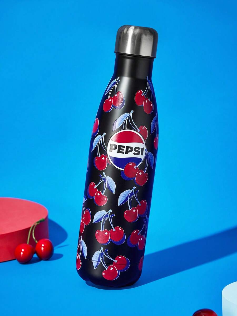 PEPSI X SHEIN 16盎司/500毫升帶手柄保溫杯,真空隔熱卡通圖案水壺,防漏蓋,不鏽鋼旅行杯,車用杯,返校季 - 黑色 - 查看 1