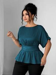 Elenzga Women's Plus Size Island Satin Round Neck Dropped Shoulder Cuffed Sleeve Wide Waist Center Ruched Back Elastic Gathered Short Hem Short Sleeve Blouse, Duck Blue, Elegant French Romantic Vintage Office Commute Business Casual Beach Vacation Street Style Minimalist Versatile Old Money Style Shirt, Wedding Season Valentine's Day Afternoon Tea Party Spring Summer New - Teal Blue - View 7