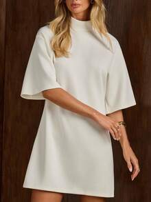 COSMINA Women's High Neck Mid-Sleeve Off-White Dress, Minimalist Elegant Fashion Daily Versatile, Streetwear, Home Wear Brunch Summer - White - View 4