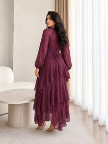 Solavon Plus Size Women's Elegant Dress With Stand Collar, Raglan Lantern Sleeves And Ruffle Hem Fall - Burgundy - View 2