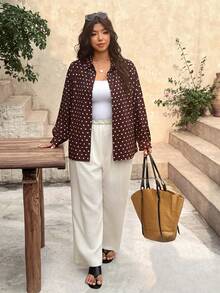 SHEIN Frenchy Plus Size Shirt, Plus Size Autumn Shirt, Plus Size Long Sleeve Polka Dot Shirt, Brown Polka Dot Shirt, Brown Top, Loose Casual Shirt, Plus Size Autumn/Winter Clothing - Brown - View 6