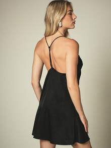 KSTM Gathered Neckline Plunge V Mini Dress Satin Sleeveless A-Line Party Summer Evening Short Dress - Black - View 4