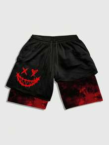 Gym Rark Men's Drawstring Waist Smiling Face Print Casual Daily Travel Sports Shorts - Black - View 1