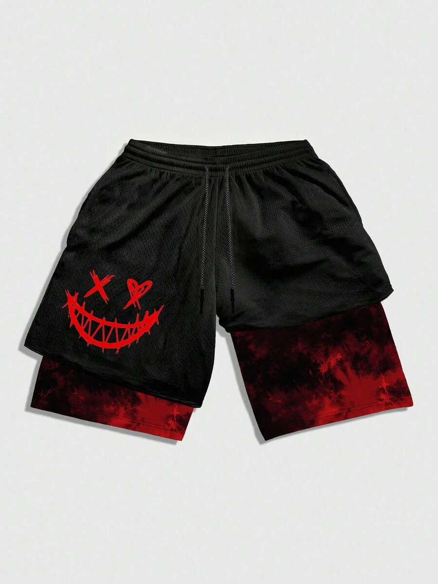 Gym Rark Men's Drawstring Waist Smiling Face Print Casual Daily Travel Sports Shorts - Black - View 1