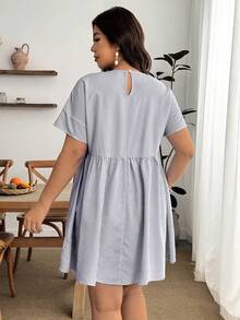 Enliva Plus Size Women's Spring/Summer Fashion Casual Soft Form Loose Comfortable Fresh Daily Versatile Slimming Navy Blue Short Sleeve Shirt Dress Vacation - Grey - View 2
