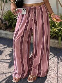 Muchica Plus Size Striped Print Twist Front Wide Leg Pants For Women Fall - Pink - View 5