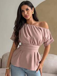 DAZY Spring Summer Casual Romantic Elegant Asymmetric Shoulder Waist-Cinching Women's Blouse School Dinner Office Date Night Dusty Pink - Pink - View 4