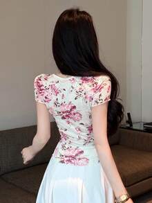Joudiya 夏季歐美風修身顯瘦印花蕾絲上衣 極簡性感圓領百搭紫色女款T恤圖案短袖衫 - 紫色 - 查看 2