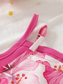 SHEIN 春夏女童幼兒4件套套裝，2款粉色與白色花卉及純色荷葉邊細肩帶洋裝套裝，適合夏季熱帶度假風，含2款可輕鬆替換 - 粉色 - 查看 7