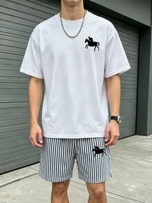 青少年男孩數位條紋圖案短袖上衣與短褲套裝，休閒戶外運動設計，適合春/夏，適用於戶外野餐、街頭攝影、度假風格、日常穿著，夏季穿搭 - 彩色 - 查看 4