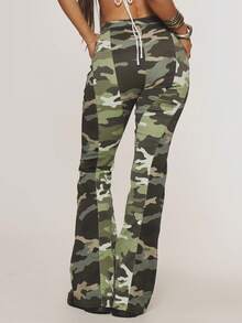 MUSERA Green Camo Denim Contrast Lace Up Flared Jeans - Green - View 4