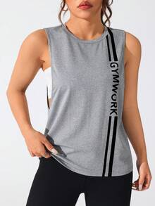 SHEIN Rhythm Era Damen Große Größen Sport Yoga Outdoor Fitness Tanktop Ärmellos T-Shirt 2 Stücke Set mit Brust einseitig Doppelstreifen Buchstaben Muster Basic minimalistischer Stil - Verschiedenfarbig - Übersicht 5