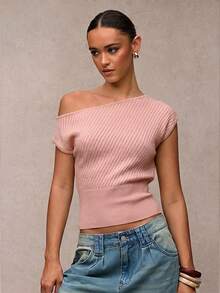SHEIN BAE 女款不對稱領口針織休閒上衣 - 粉色 - 查看 4