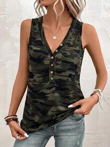 SHEIN Clasi 女款V領迷彩休閒百搭日常上衣 - 軍綠色 - 查看 5