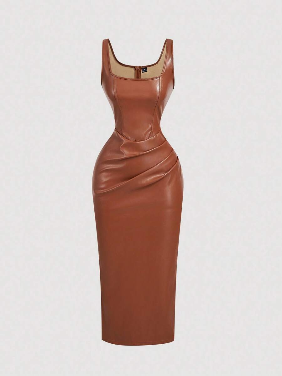 SHEIN MOD Đầm da giả màu nâu xếp ly cổ tròn không tay ôm sát dành cho nữ - Rỉ Nâu - Xem 1