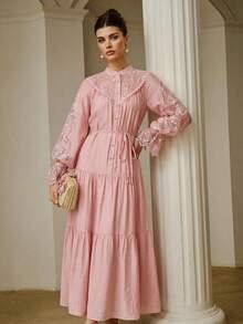 ZEYLAH Gaun Elegan Chiffon Mengkilap dengan Patchwork Renda - Dusty Pink - View 6