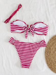Swim Lushoire 女款純色紋理布料可拆卸肩帶抹胸式深U領深V領側抽褶比基尼泳衣兩件套，極簡優雅春夏海灘風 - 玫紅色 - 查看 5
