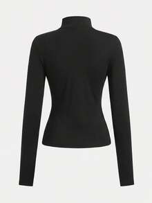 SHEIN 女童黑色假領拉鍊針織運動套裝，含內搭緊身褲，秋冬休閒運動套裝 - 黑色 - 查看 4