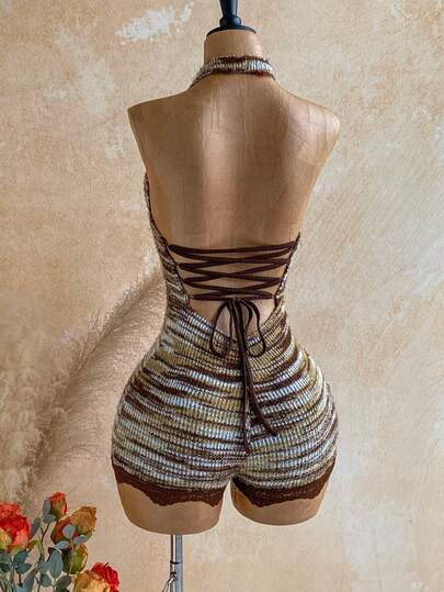 Soleia Women's Sexy Striped Lace-Up Backless Halter Neck Romper, Summer