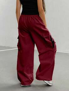 Tween Girls' Solid Color Elastic Waist Casual Versatile Cargo Pants - Burgundy - View 2