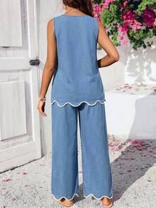 SHEIN Maternity Curved Hem Sleeveless Top And Pants Casual Denim Two Pieces Set Vacation Business Elegant Festival Party Beach Work Baby Blue Summer - Blue - View 2