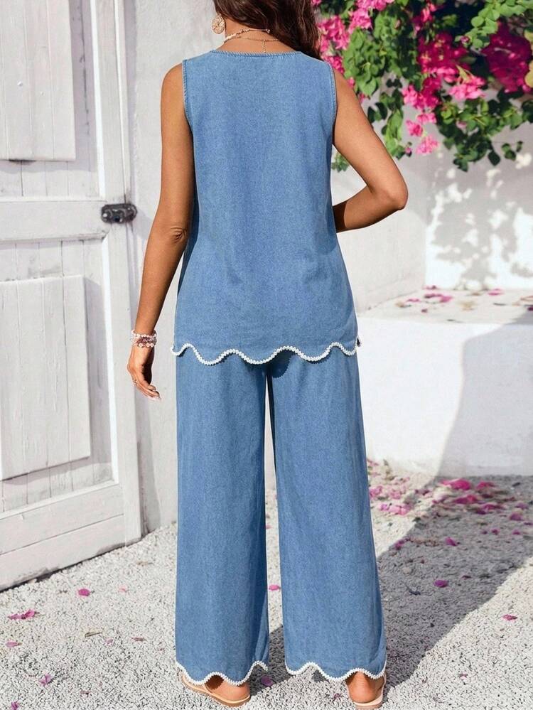 SHEIN 孕婦圓弧下擺無袖上衣與長褲休閒牛仔兩件套 - 藍色 - 查看 2