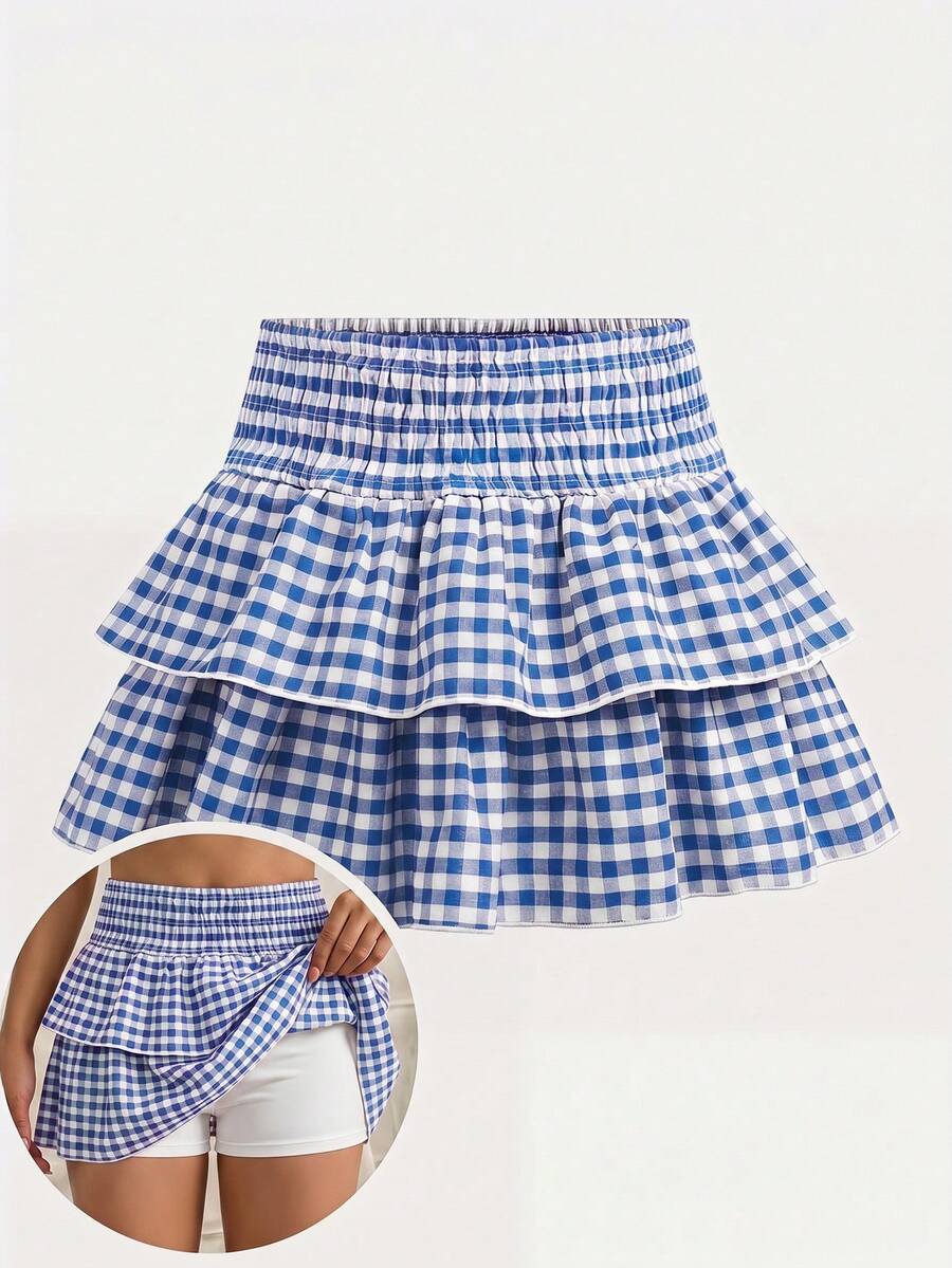 Girlism Tween女孩 春夏新款田園風休閒度假腰部抓褶藍白編織格紋短裙,簡約舒適 - 藍色 - 查看 1