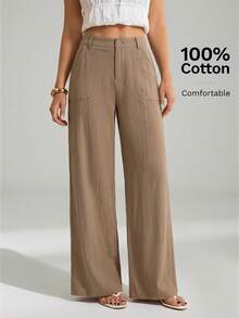 SHEIN Tall 100%水洗棉低腰直筒長褲 - 駝色 - 查看 4