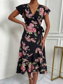 SHEIN Holidaya 女款優雅V領側綁帶開衩浪漫玫瑰印花洋裝 - 黑色 - 查看 3