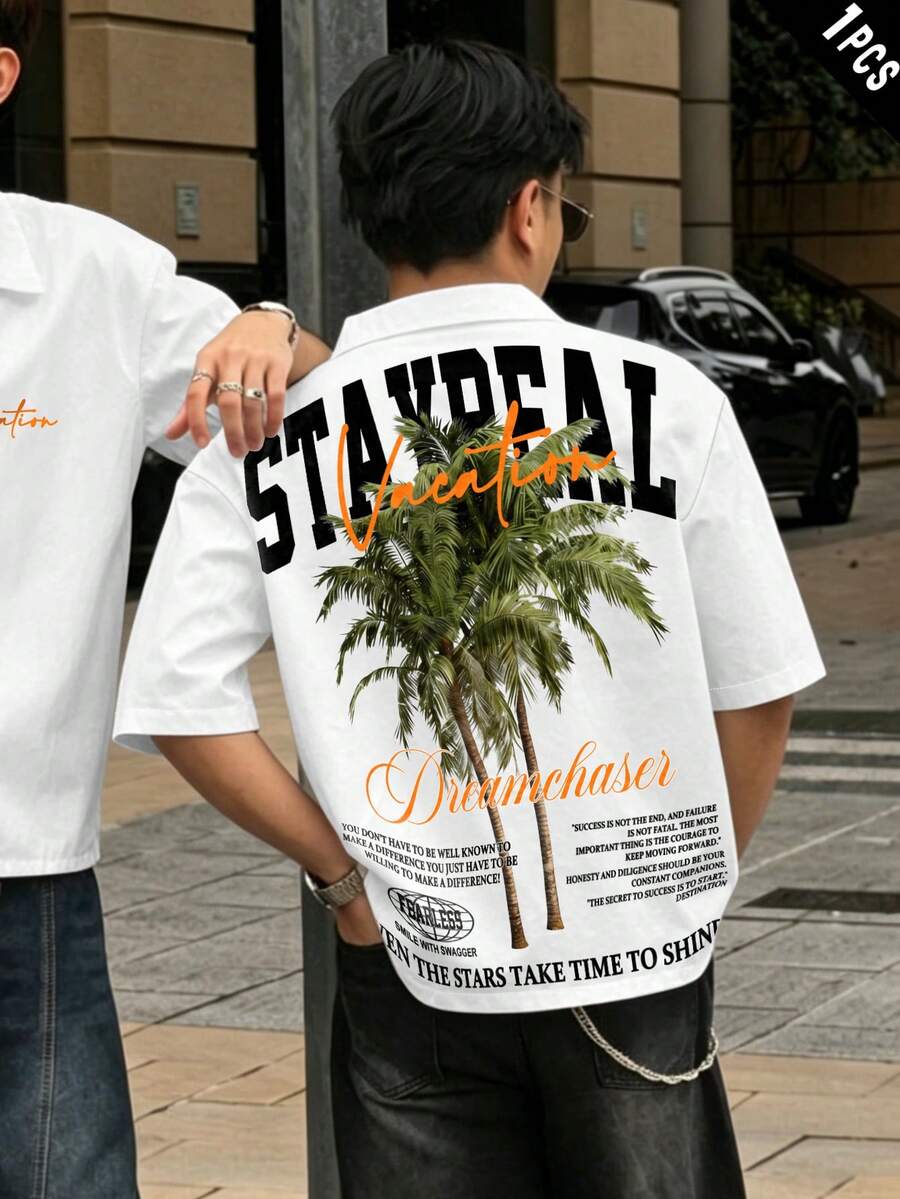 STEELVANCE 男士度假休閒椰子樹標語印花襯衫 - 彩色 - 查看 1