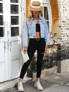SHEIN PETITE Women's Outdoor Button-Front Fashion Casual Versatile Petite Denim Jacket - Light Wash - View 5