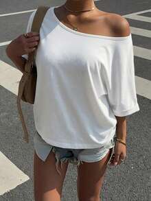 Muchica 休閒街頭風 95% 棉 黑白配色 百搭寬鬆不對稱領 女款 T-shirt，適合春夏度假 - 彩色 - 查看 5