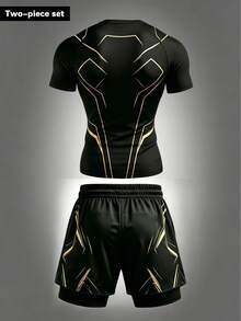 RISE LYT Men's Bull Head Print Short Sleeve T-Shirt And Shorts Sports Set - Black - View 2