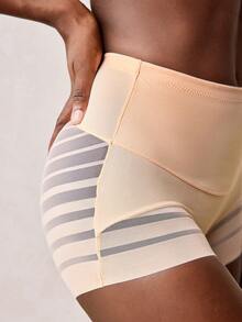 Veilyse 1pc Women High Waist Shaping Panties, Striped Lifting Mesh Waist Slimming Pants, Abdomen Control Flat Belly Shapewear Shorts - Apricot - View 9