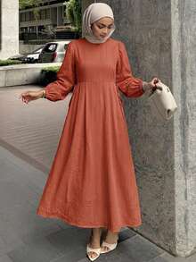 DAZY Spring Summer Loose Casual Elegant Round Neck Blue Women's Long Dress - Rust Brown - View 3