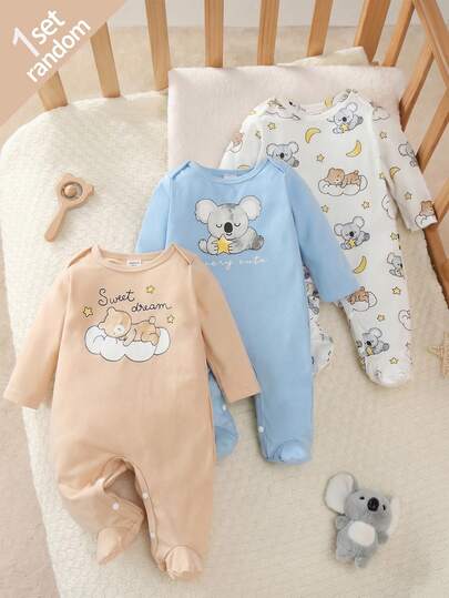 Random 1sets Newborn 0-12 Months Jumpsuit Forest Style Cute Ditsy Floral With Chain Craft Contrast Color Fresh Style Long Sleeve Footed Open Crotch