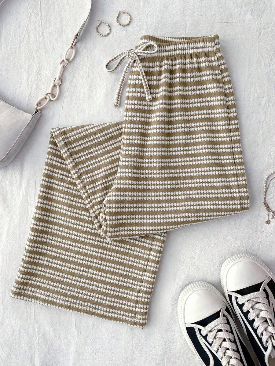Teen Girl Knit Striped Drawstring Fitted Casual Long Pants - Khaki - View 1