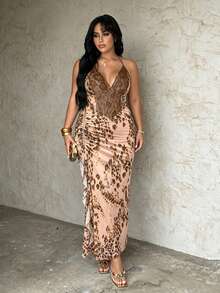 Rustia Plus Size Sexy 70's Hollow Lace Patchwork Slit Bodycon Dress, Vacation Style Party Date Night Beige Summer - Apricot - View 1