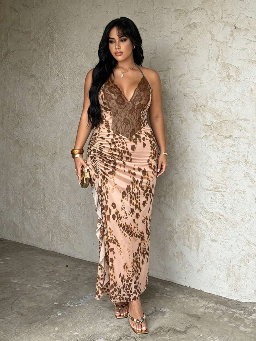 Rustia Plus Size Sexy 70's Hollow Lace Patchwork Slit Bodycon Dress, Vacation Style Party Date Night Beige Summer - Apricot - View 1