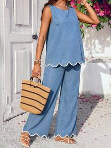 SHEIN Maternity Curved Hem Sleeveless Top And Pants Casual Denim Two Pieces Set Vacation Business Elegant Festival Party Beach Work Baby Blue Summer - Blue - View 5