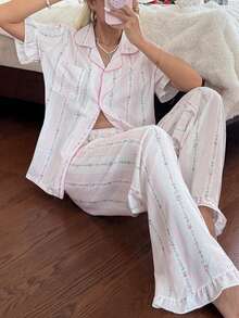 CottageSlumber Bubble Crinkle Ruffle Sleeve Chain Print Floral Short Sleeve Long Pants Pajama Set - Multicolor - View 4