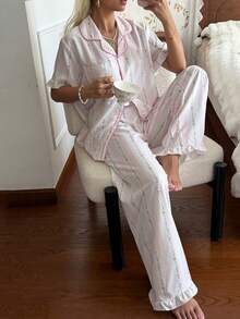 CottageSlumber Bubble Crinkle Ruffle Sleeve Chain Print Floral Short Sleeve Long Pants Pajama Set - Multicolor - View 1