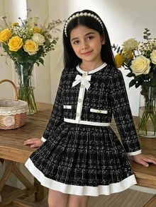 LMoss Kids 女童小女孩秋冬可愛針織黑色長袖上衣與鬆緊腰格紋裙 2件套 - 彩色 - 查看 6
