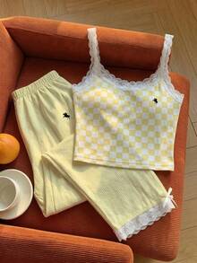 SHEIN EZwear 女士休闲黄色蕾丝边吊带背心和条纹裤两件套，返校季米黄色两件套 - 淡黃色 - 查看 5