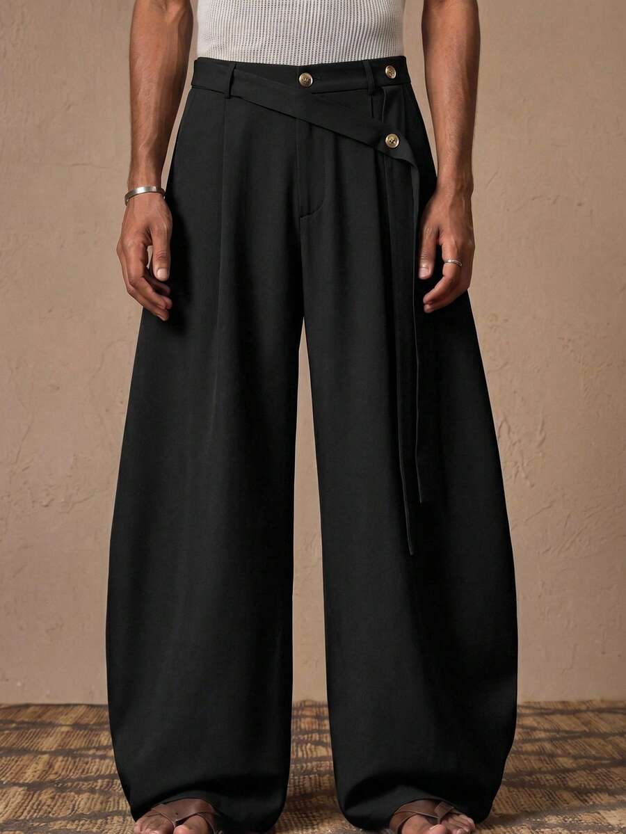 HIMLAND Men's Black Wide Leg Pants With Gold Button And Wrap Strap Waist. Loose Straight Fit, VACATION, . Fashion Style For Summer - Black - View 1