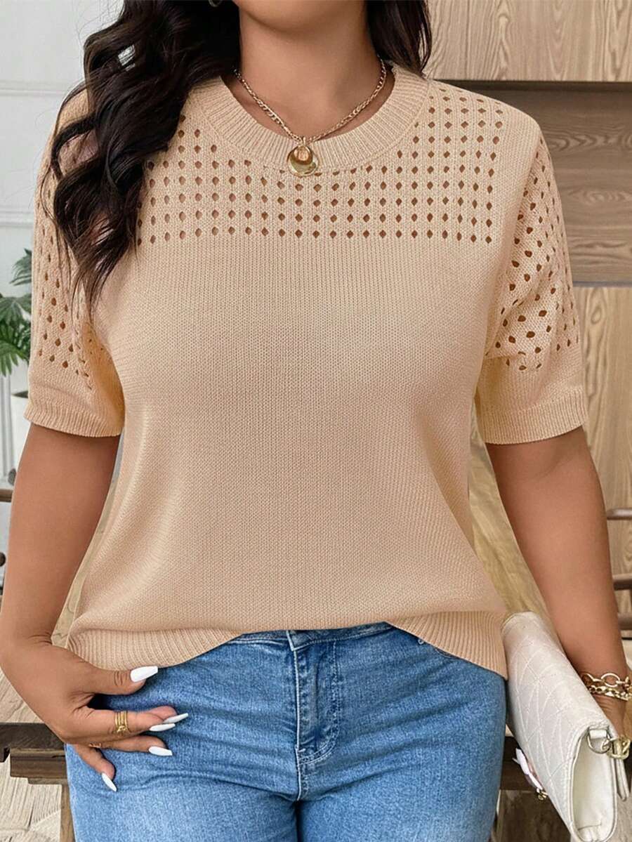 EMERY ROSE Plus Size Casual Hollow Out Round Neck Short Sleeve Tops - Camel - View 1