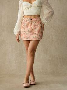 WESTFADE Floral Print Denim Mini Skirt, Back To School, Female Country Look, Festival, Casual, Western, Fall, Autumn, Rodeo, Cowgirl - Multicolor - View 3